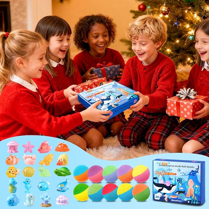 20 Kids Bath Bombs with Surprise Ocean Animal Toys, Child-Safe Gift Set | Ocean animal toys inside, natural ingredients, kid-safe formula, non-staining fizz, birthday & holiday gift, travel-friendly
