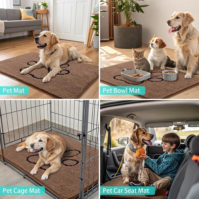 Smiry Dog Door Mat for Muddy Paws, Absorbent Dirt Trapper Non Slip Quick Dry Washable Chenille Mat for Mud Dogs, Entry Rug for Indoor and Outdoor (40x32 Inches, Camel and Black)