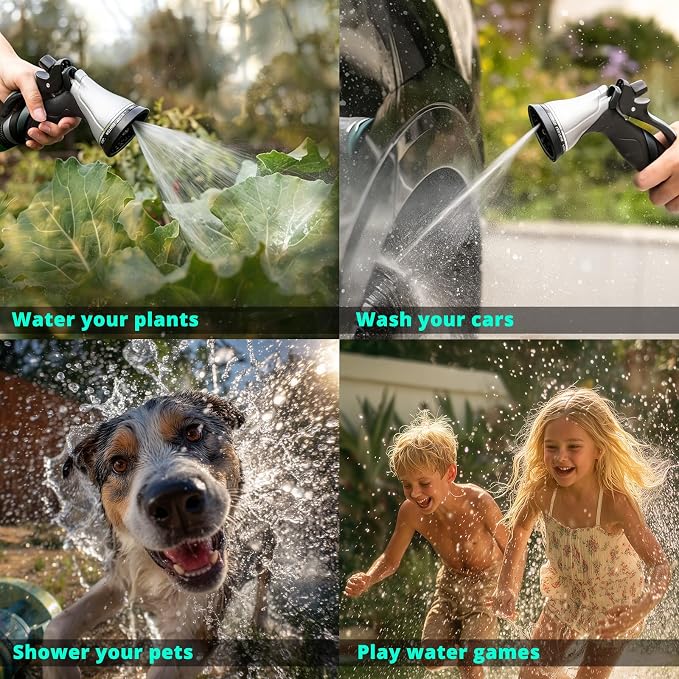QUOBAS Metal Garden Hose Nozzle, Heavy Duty Water Hose Sprayer, Leak Proof | 10 Pattern Water Nozzle with Rubber Gasket, Garden Sprayer for Watering Plants, Washing Cars, Pet Shower, Black, 2-Pack