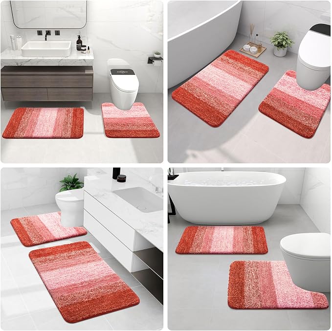 Arotive Microfiber Bathroom Rugs, Shaggy Soft and Absorbent Contour Toilet Rugs, Thick Plush Machine Washable Dry Bath Mats for Toilet Base, 24x16, Coral, Rectangular