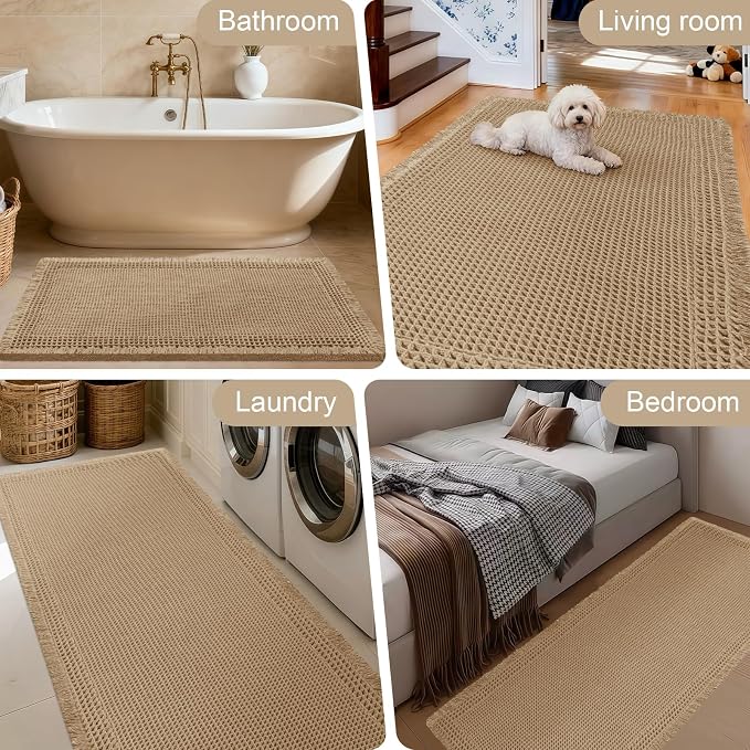 Upgraded Waffle Bath Mat, 32"x20" Beige-Bordered, Super Absorbent Non-Slip Quick Dry Bathroom Rugs with Tassels, Machine Washable Ultra Soft Boho Bath Rugs for Floor, Toilet Mats Boho Farmhouse Decor