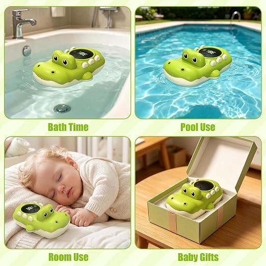 Baby Bath Thermometer - Alligator Shaped Digital Floating Water Thermometer with LED Display & Water Spray Gift for Infants Newborns Toddlers, Waterproof Bath Tub Sensor with Color Alerts