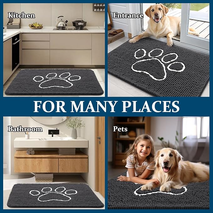 OLANLY Dog Door Mat for Muddy Paws 44x32, Paw Print Design, Absorbs Moisture and Dirt, Absorbent Non-Slip Washable Doormat, Quick Dry Chenille Mud Mat for Dogs, Entry Indoor Entryway Carpet, Dark Grey