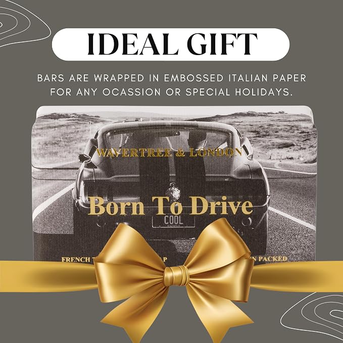 Wavertree & London Born To Drive Scented Natural Soap Bar, 7oz Moisturizing French Triple Milled Soap Bar for Women & Men Enriched with Organic Shea Butter, Pure Bath & Body Soap (1 Bar)