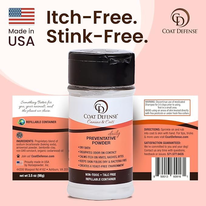 COAT DEFENSE Daily Preventative Powder | Made in USA | 3.5oz Waterless Dog Shampoo & Pet Deodorizer for Smelly Dogs | Provides Anti Itch Relief | Dog Dry Shampoo for Dry Itchy Skin