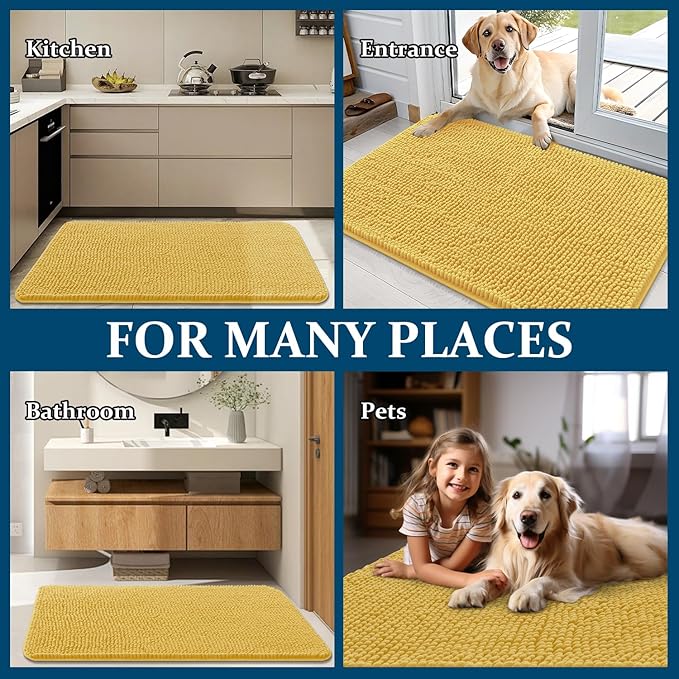 OLANLY Dog Door Mat for Muddy Paws 54x32, Absorbs Moisture and Dirt, Absorbent Non-Slip Washable Doormat, Quick Dry Chenille Mud Mat for Dogs, Entry Indoor Entryway Carpet for Inside Floor, Yellow