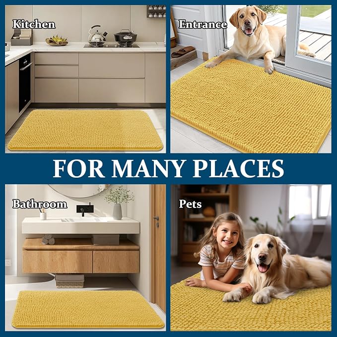 OLANLY Dog Door Mat for Muddy Paws 48x30, Absorbs Moisture and Dirt, Absorbent Non-Slip Washable Doormat, Quick Dry Chenille Mud Mat for Dogs, Entry Indoor Entryway Carpet for Inside Floor, Yellow