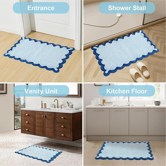 ORTIGIA Small Blue Scalloped Bath Mat, Cute Plush Microfiber Scallop Bathroom Rugs Non Slip Washable Quick Dry Absorbent, Bathmat Carpet for Shower Stall Vanities Kitchen Floor Entrance, 17x24