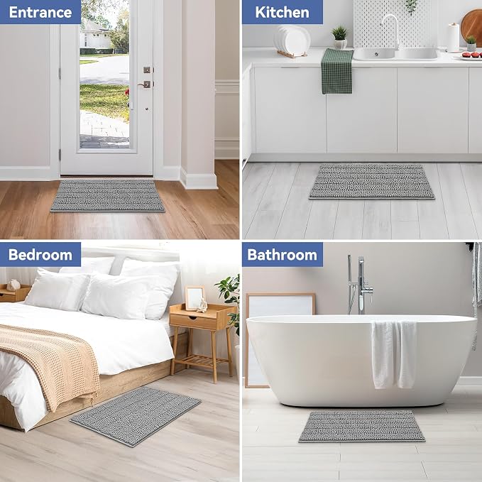 Bcoimo 30"×20" Chenille Bath Mat – Non-Slip with Backing Bath Rug Ultra-Absorbent and Machine Washable Bathroom Mat Quick-Dry Design. Ideal for Bathroom and Tub Areas
