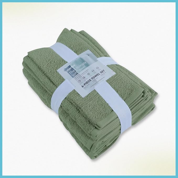 Martex Ultimate Performance 6-Piece Towel Set, Sage | 100% Cotton, Supersoft & Absorbent, Low-Linting, Easy Care, Versatile, 2 Bath Towels, 2 Hand Towels, 2 Wash Cloths