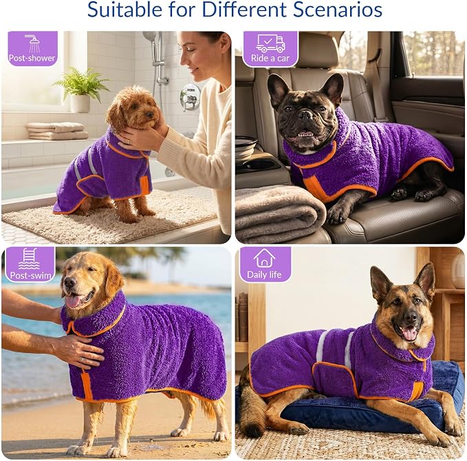 Bienbee Dog Bathrobe, Quick Drying Super Absorbent Pet Robes for Small Medium Large Dogs, Drying Coat for After Bath & Swim, Warm & Cozy Dogs Towels, Dog Puppy Bath Supplies, Purple XXL