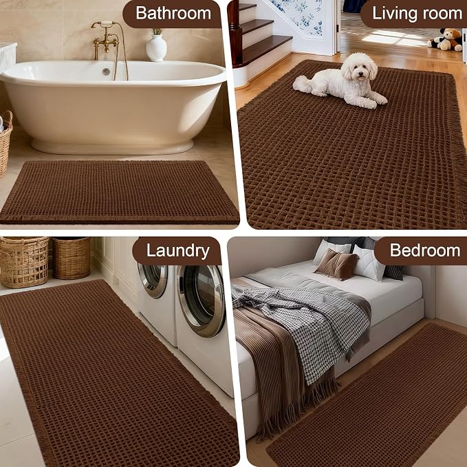 ACCUMTEK Upgraded Waffle Bath Mat, 36"x24" Brown, Super Absorbent Non-Slip Quick Dry Bathroom Rugs with Tassels, Machine Washable Ultra Soft Boho Bath Rugs for Floor, Toilet Mats Boho Farmhouse Decor