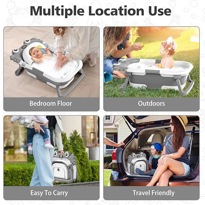Collapsible Baby Bathtub for Newborns with Thermometer and Soft Floating Cushion Portable and Foldable Travel Baby Boy Bath Tub for Infants to Toddler 0-36 Month (Grey)