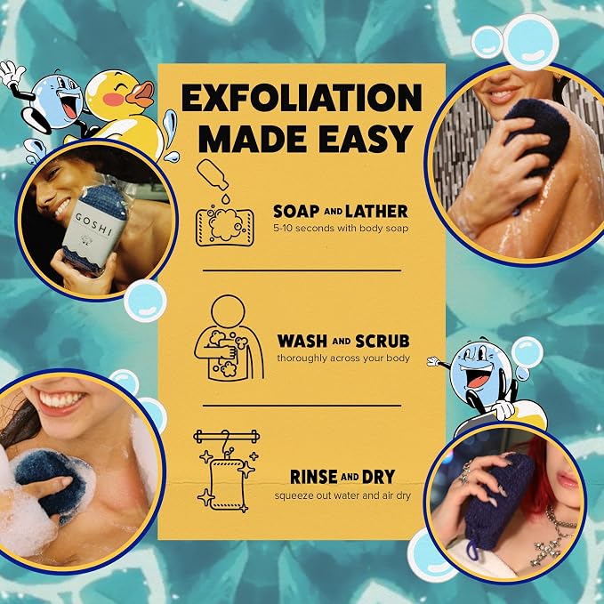 GOSHI Exfoliating Shower Sponge - Rip-Resistant, Rapid-Drying Exfoliating Bath Sponge for All Skin Types - Indigo Blue - Made in Japan