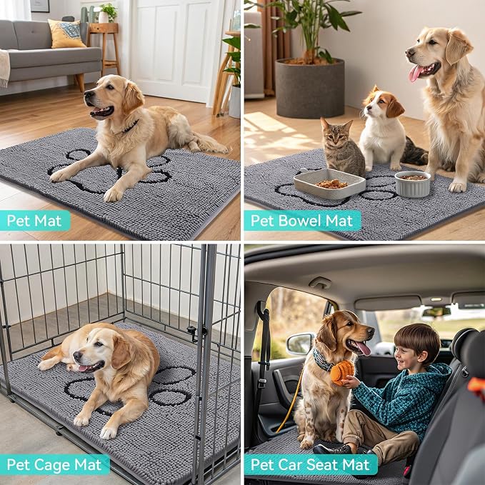 Smiry Dog Door Mat for Muddy Paws, Absorbent Dirt Trapper Non Slip Quick Dry Washable Chenille Mat for Mud Dogs, Entry Rug for Indoor and Outdoor (54x24 Inches, Grey and Black)