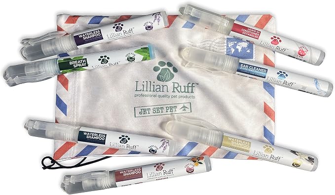 Lillian Ruff Travel Kit for Dogs | Dog Grooming Spray for Airline Travel, Camping, Beach | Deodorizing Waterless Dog Shampoo x4, Breath Freshener, Detangler Spray, Ear Cleaner
