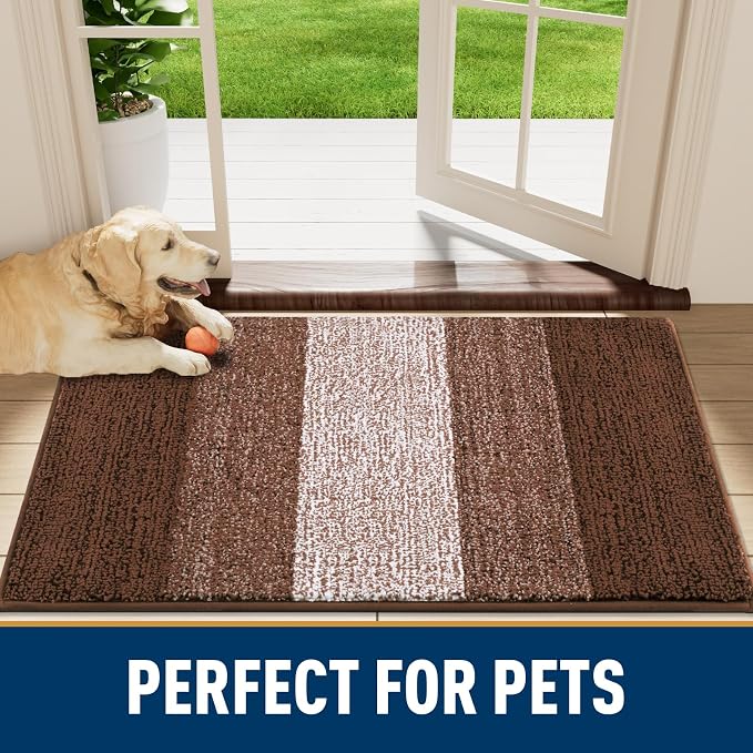 Smiry Dog Door Mat for Muddy Paws, Absorbs Moisture and Dirt, Low-Profile Entryway Mat with Non-Slip Backing, Entry Indoor Outdoor Doormat for Inside Floor (59x32 Inches, Brown, Striped)