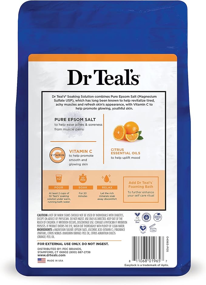 Dr Teal's Pure Epsom Magnesium Salt Soak, Glow & Radiance with Vitamin C & Citrus Essential Oils, 3 lbs