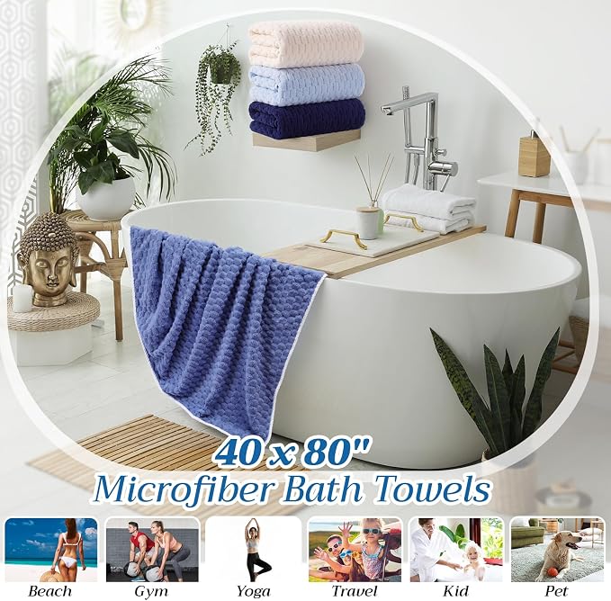 Peryiter 4 Pcs Oversized Bath Towels 40 x 80 Inch Extra Large Bath Sheets for Adults Microfiber Coral Velvet Highly Absorbent Bathroom Towels for Adults Home Beach (Beige,Light Blue,Hazy Blue,Blues)
