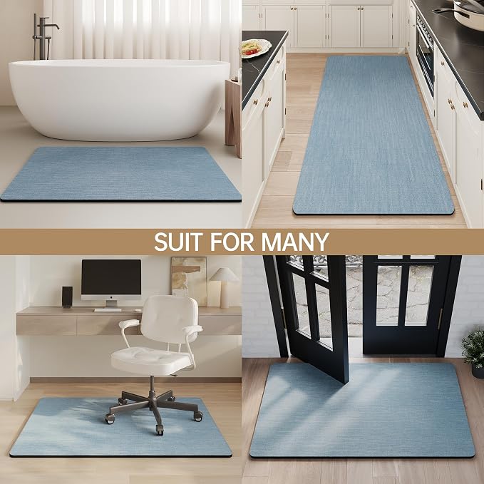 Mecko Bath Mat Rug, Rubber Non-Slip Quick Dry Absorbent Thin Bathroom Rugs Fit Under Door Bathroom Floor Mats-Shower Rug for in Front of Bathtub, Room Floor, Shower Room(Light Blue,16"x24")