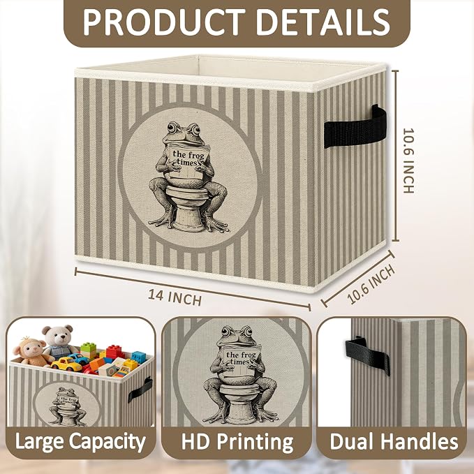 Funny Frog Bathroom Foldable Storage Bins Box with Handles, Whimsical Frog Reading Newspaper Collapsible Organizer Basket for Kids Boy Nursery Bathroom Washroom Clothes