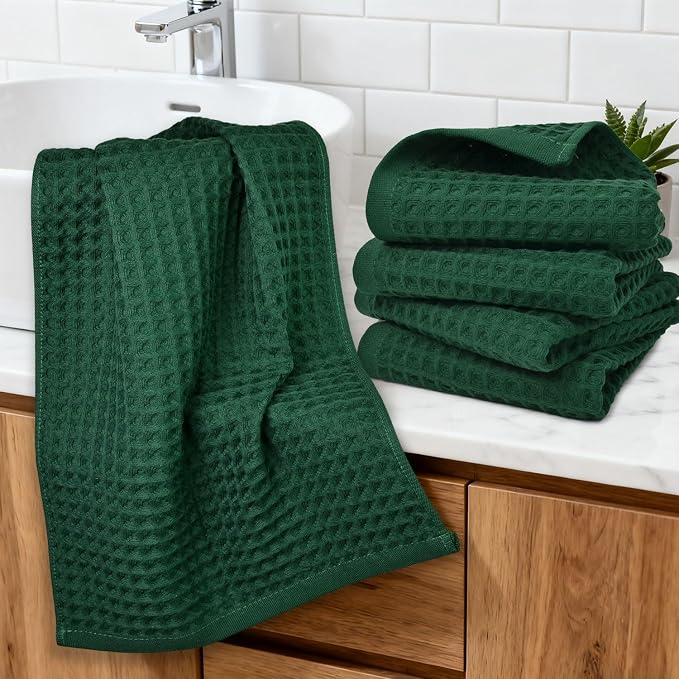 Jacquotha Waffle Hand Towels Set of 5 (Hunter-Green) – Cotton, Quick Dry, Lint Free, 13” x 29”, Bathroom Decor & Kitchen Towels