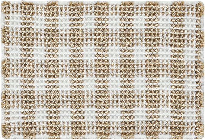 TYUU Waffle Bath Mat, Boho Bathroom Rugs Non Slip Washable Absorbent Checkered Bathroom Mat Quick Dry Farmhouse Bathroom Decor, 24"x16" Khaki and White