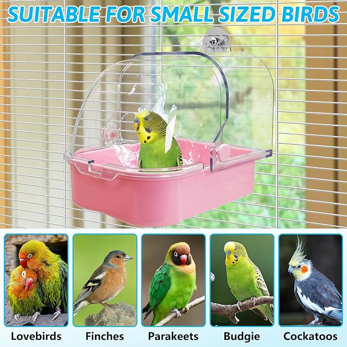 Tfwadmx Bird Cage Bath Hanging Parrot Bath Tub Water Shower Food Feeder Holder Tray Bird Bath Supplies for Small Birds Canary Budgies Cockatiel Lovebirds (Pink)