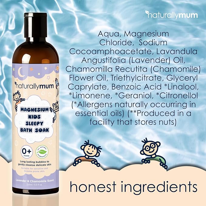 NaturallyMum Kids Magnesium Sleepy Bath Soak - Bubble Bath - All-Natural & Calming - Suitable for Newborns with Dry & Sensitive Skin - Lavender & Chamomile Essential Oils – Made in UK - 8.8fl oz