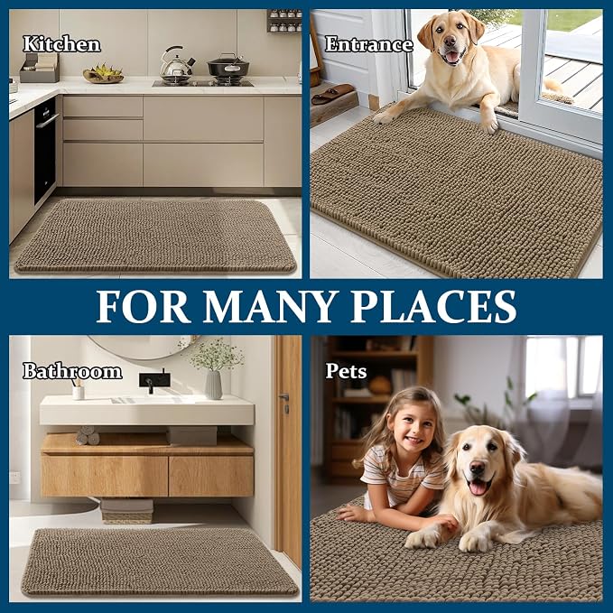 OLANLY Dog Door Mat for Muddy Paws 24x16, Absorbs Moisture and Dirt, Absorbent Non-Slip Washable Doormat, Quick Dry Chenille Mud Mat for Dogs, Entry Indoor Entryway Carpet for Inside Floor, Tan