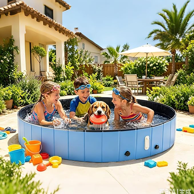 DEWEL Foldable Dog Pool for Large Dogs & Pets, Portable PVC Pet Bath Tub Swimming Pool with Dual Drain Outlets, Non-Slip Bottom, Indoor Outdoor Backyard Patio Swimming Bathing Play Pool