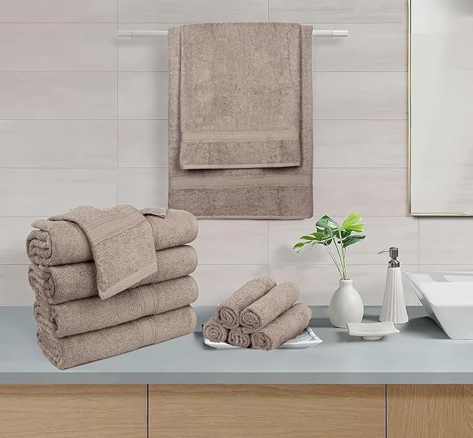 HILLFAIR 24 Piece Bath Towels Set for Bathroom- 100% Cotton 24 PC Bulk Pack Hotel Spa Towel Set- 2 XXL Oversized Big Towels, 4 Bath Towels, 6 Hand Towels, 4 Fingertip Towels, 8 Washcloths: Taupe
