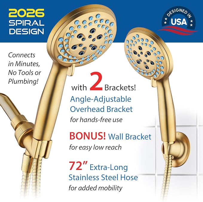 AquaCare Seen-On-TV High Pressure 8-mode Handheld Shower Head - 2-mode Power Wash to Clean Tub, Tile & Pets, Stay-Clean Nozzles, Extra Long 6 ft. Stainless Steel Hose, Wall & Overhead Brackets, Gold