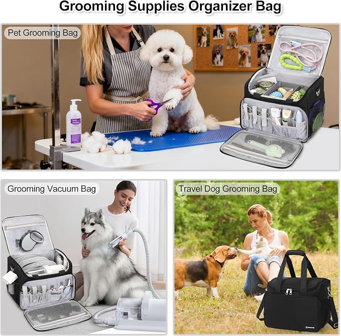 Dog Grooming Vacuum Bag, Pet Grooming Bag Extra Large Dog Grooming Storage Bag with Compartments Professional Travel Animal Groomer's Tool kit Bags for Supplies - for Dogs, Cat & Pet Groomers( Black)