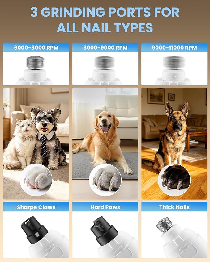 Dog Nail Grinder,25dB Silent Groom Pro Pet Nail Grinder White | New LCD Display 6 Adjustable Speeds 1.5H Fast Charge Dual LED Safe Lights | 50% More Power Painless Cat Nail Grinding
