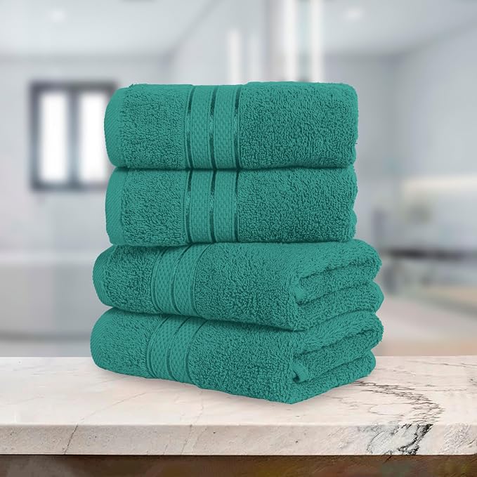 Elegant Comfort Three Line Popcorn Towel Set for Bathroom 16 x 28 inches, Premium Hotel Quality 4-Pack Hand Towels, 100% Turkish Cotton, Soft and Durable, Quick Dry and Highly Absorbent, Teal Blue