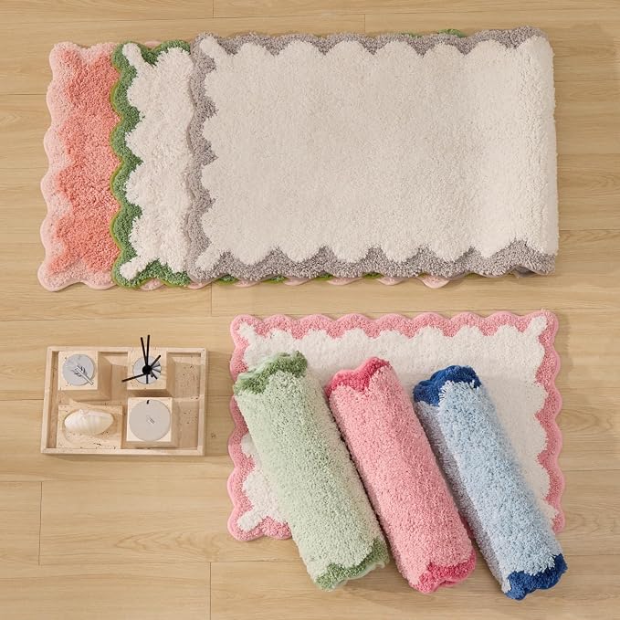 ORTIGIA Cute Green Scalloped Bath Mat, Fun Plush Microfiber Scallop Bathroom Rugs Non Slip Washable Quick Dry Absorbent, Bathmat Bath Rug Carpet for Shower Stall Vanities Kitchen Floor Entrance, 20x32