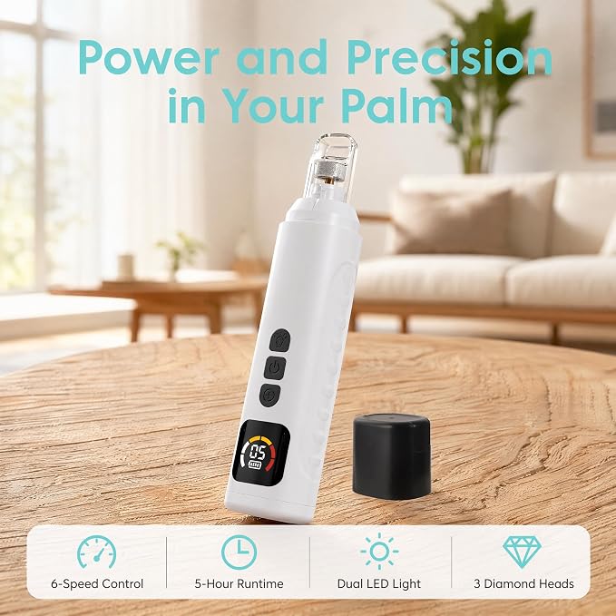 Dog Nail Grinder Quiet, 6-Speed Rechargeable Pet Trimmer for Dogs Cats(White) | 5H Battery, 6 Speeds, Dual LED, 3 Diamond Heads, Ultra-Quiet, Beginner-Friendly, Multi-Port for Dogs & Cats