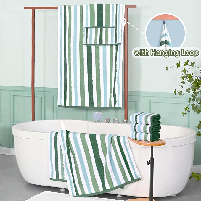 Waffle Hand Towels for Bathroom, Hand Towel Set of 4, 16"x27" - 100% Cotton | Quick Dry | Thick | Soft | Absorb | Lightweight, Striped Bathroom Hand Towels Decorative Set, Green Stripe + White Checker