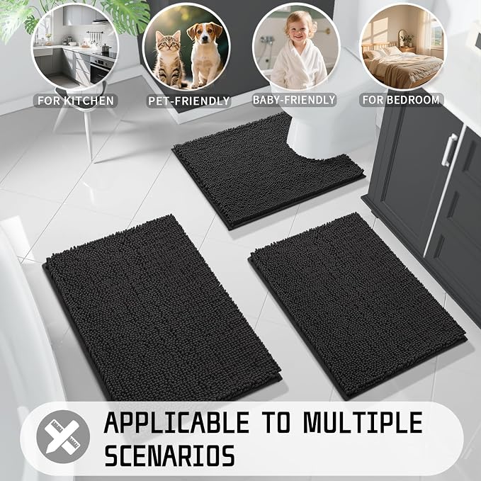 Yimobra Large Bathroom Rugs 36"x24", Non Slip Bath Mat for Tub, Shaggy Rug Floor Carpet, Extra Soft Super Absorbent Quick Dry, Machine Washable,Black