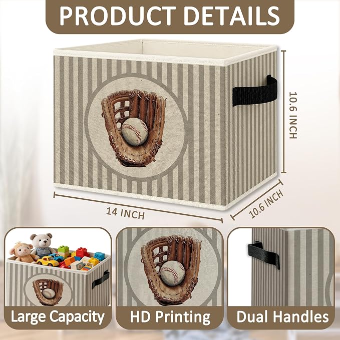Vintage Baseball Nursery Foldable Storage Bins Box with Handles, Baseball Room Decor for Boys, Sports Collapsible Organizer Basket for Kids Nursery Room Bedroom Playroom Clothes Toys Books