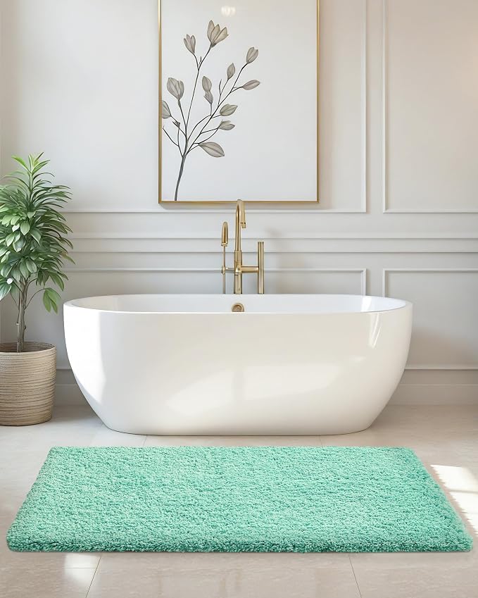 ILANGO Spa Blue Bathroom Rugs 48" × 24" Non Slip & Super Absorbent Extra Thick Soft, Washable Bath Mat for Floor, Microfiber Plush Shaggy Bath Rug with Rubber for Bathtub Shower Room Sink