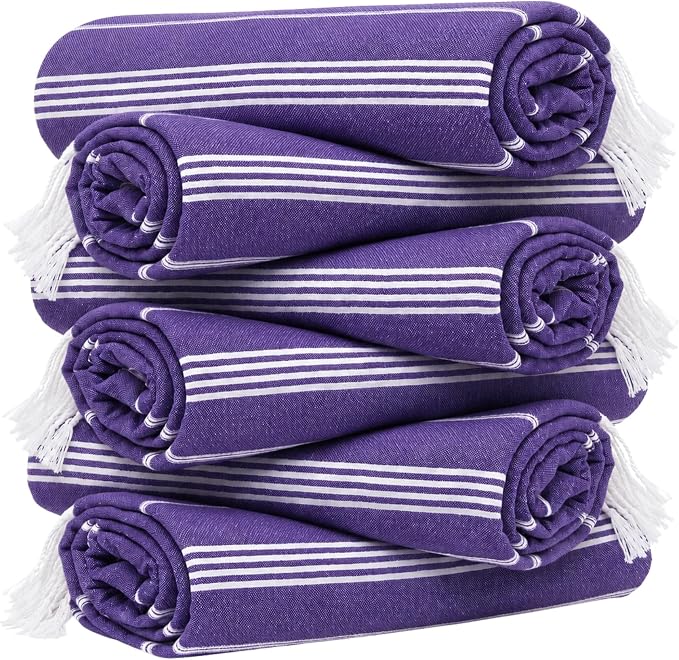 HAVLULAND Turkish Beach Towel Set of 6 Oversized 72x40 100% Turkish Cotton | Soft Hammam Peshtemal, Sand Free, Quick-Dry, Absorbent Bath Towel | Lightweight & Compact for Travel, Pool, Gym, Spa - Purple