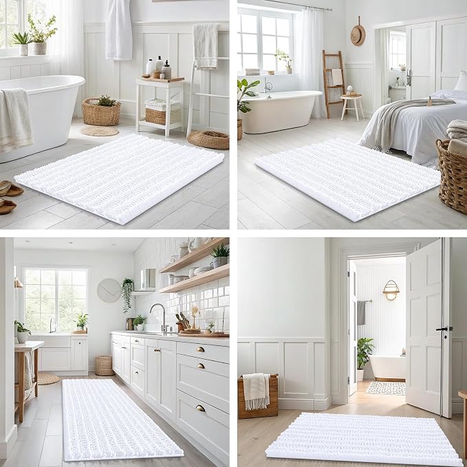 Smiry Bathroom Rugs Mat 24x16, Extra Soft Absorbent Chenille Bath Rugs, Non Slip Rubber Backing Machine Washable Quick Dry Bath Mats for Bathroom Floor, Tub, Shower, Home Decor Accessories, White