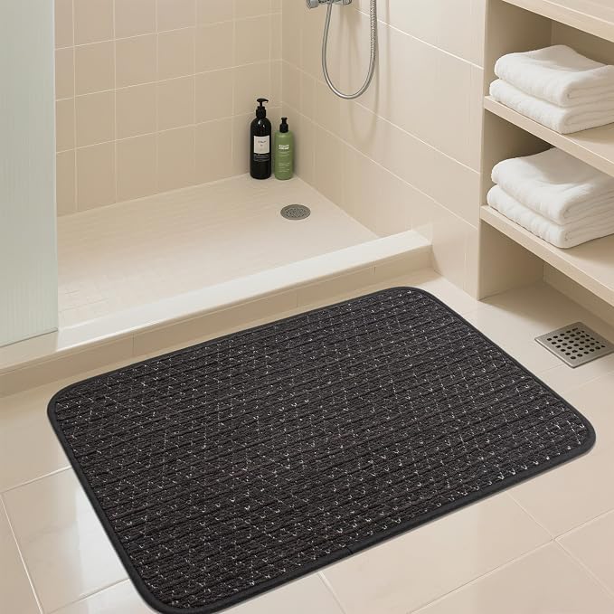 Non Slip Thin Bath Mat Rubber Backing Quick Dry Super Absorbent Bathroom Rugs Fit Under Door, Woven Shower Rug for Bathtub, Toilet, Floor, Easy Care, Machine Washable, 17"x 24", Black