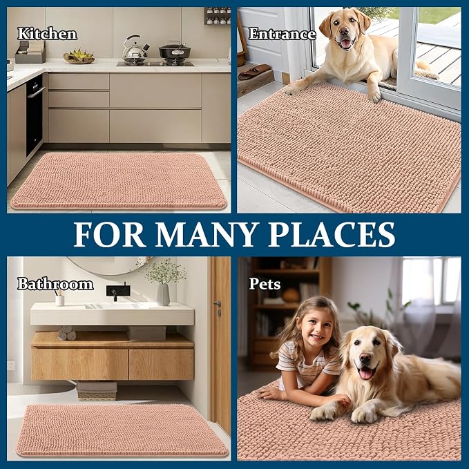 OLANLY Dog Door Mat for Muddy Paws 59x32, Absorbs Moisture and Dirt, Absorbent Non-Slip Washable Doormat, Quick Dry Chenille Mud Mat for Dogs, Entry Indoor Entryway Carpet for Inside Floor, Peach