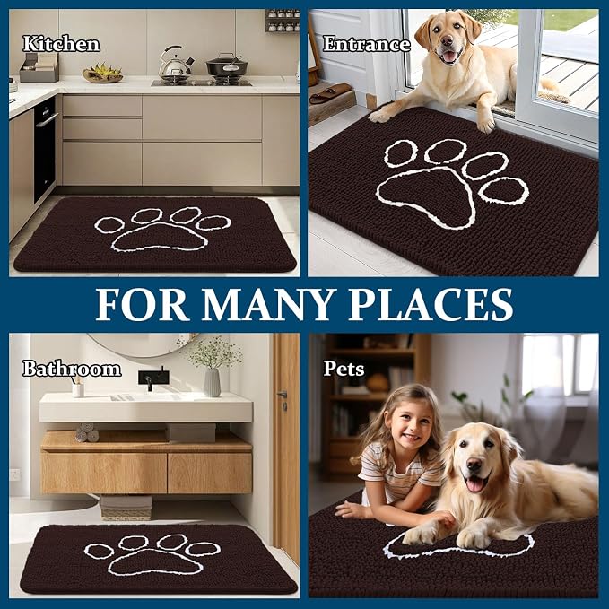 OLANLY Dog Door Mat for Muddy Paws 40x24, Paw Print Design, Absorbs Moisture and Dirt, Absorbent Non-Slip Washable Doormat, Quick Dry Chenille Mud Mat for Dogs, Entry Indoor Entryway Carpet, Brown