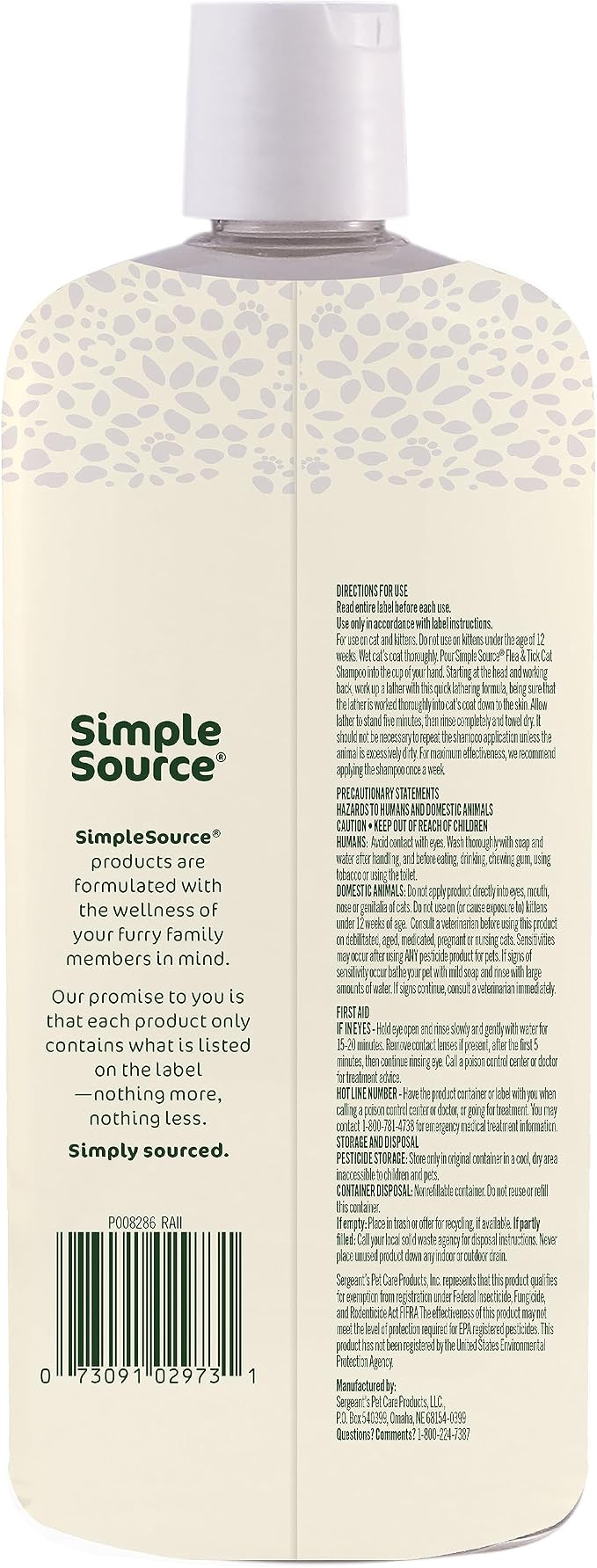 SimpleSource® Flea & Tick Shampoo for Cats, Powered by Plants, Kills Fleas, Flea Eggs, Flea Larvae, Ticks, & Mosquitos, Cleans & Deodorizes, 12oz Bottle