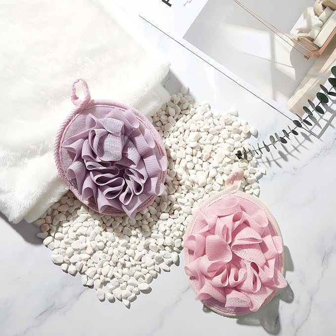 Boao 3 Pcs Bath Shower Pouf Sponge Mesh Pouf Shower Ball Exfoliating Body Sponge Pad Scrubber Glove with Flower Bath Ball (Beige,Dark Pink Purple)