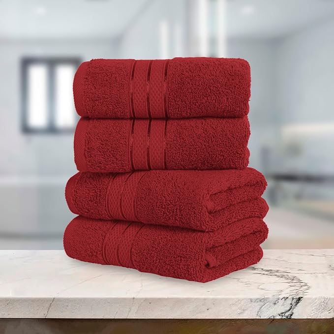 Elegant Comfort Three Line Popcorn Towel Set for Bathroom 16 x 28 inches, Premium Hotel Quality 4-Pack Hand Towels, 100% Turkish Cotton, Soft and Durable, Quick Dry and Highly Absorbent, Burgundy